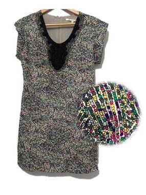 Jewel Tone Abstract Dot/ Pebble Printed Party Shift Dress with Beaded Neckline